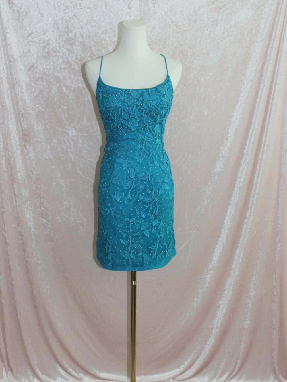 Teal Embroidered Lace Cocktail Dress